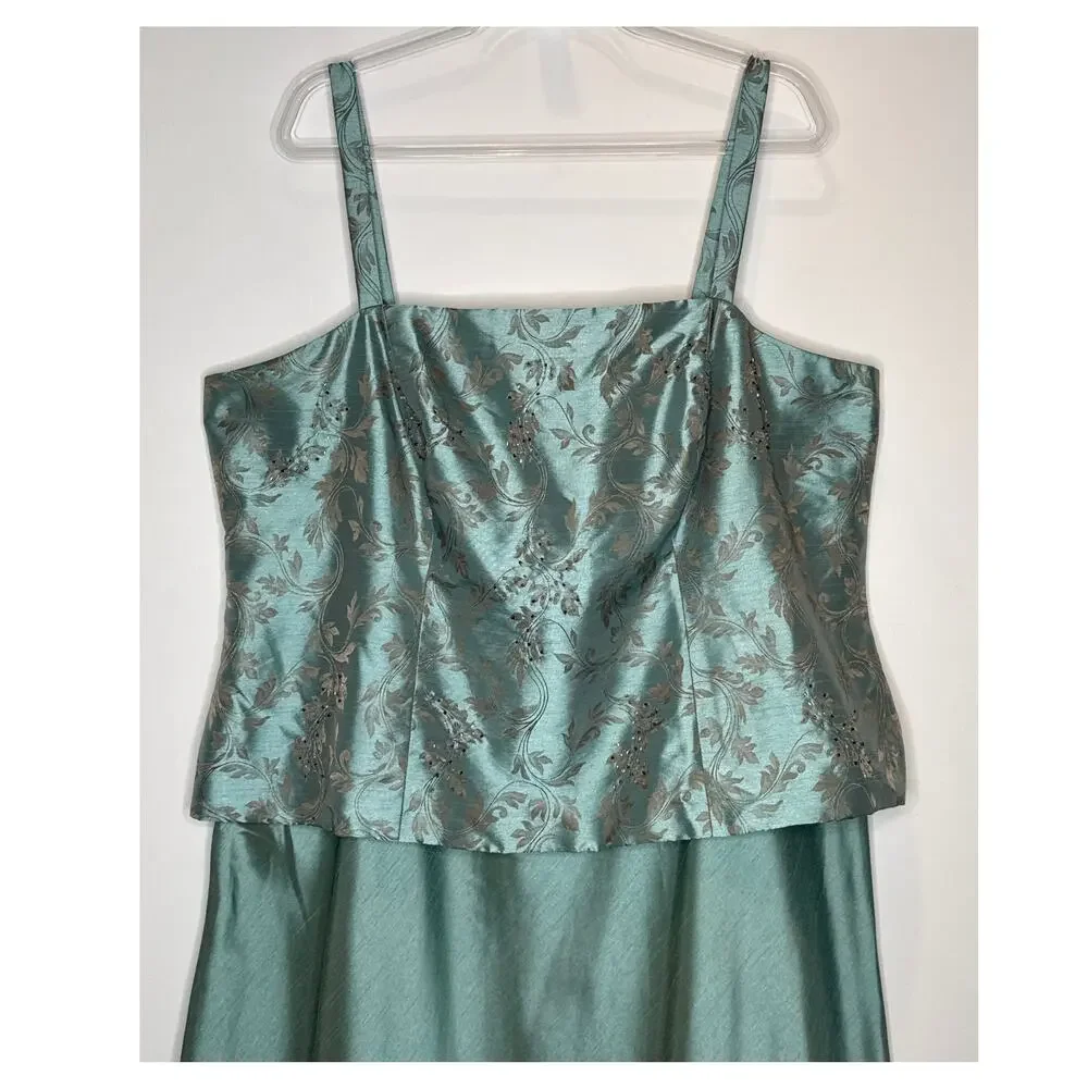 2000s R&M Richards seafoam brocade jacket & satin dress set size 18